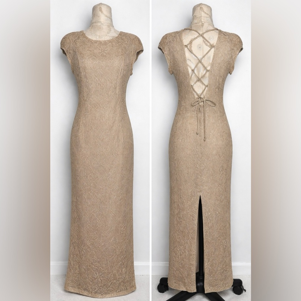 Gold Lace Stretch Knit Open Back Evening Gown Maxi Dress Size 6